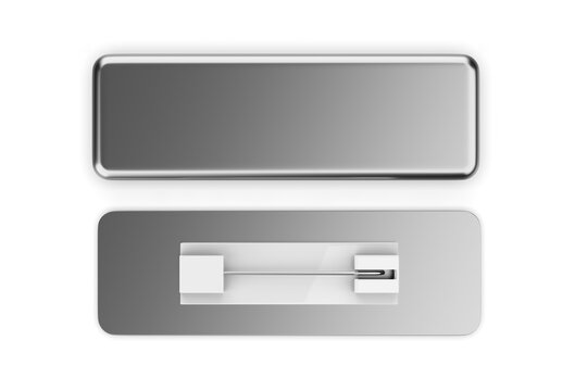Rectangular blank badge pin brooch. Realistic 3d illustration isolated on white background.