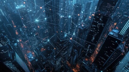 Obraz premium A bird's eye view of a modern city at night with glowing lines connecting buildings, representing a network of communication and data flow.