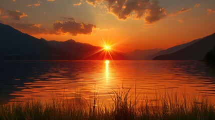 A serene sunset over a tranquil lake, reflecting vibrant colors and surrounded by mountains, evoking peace and beauty.