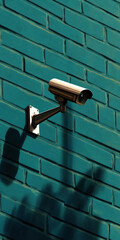 A camera is mounted on a wall next to a brick wall