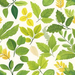 Seamless natural pattern with various fresh leaves on white background