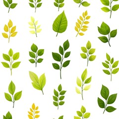 Seamless natural pattern with diverse and fresh green leaves on a clean white background
