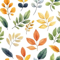 Fototapeta premium Autumn Leaves and Fresh Foliage Seamless Pattern on White Background