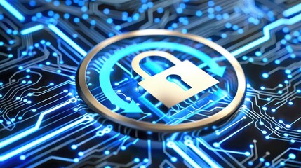 A digital lock symbol over a circuit board background, representing cybersecurity and data protection.