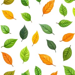 Seamless pattern with diverse and fresh natural leaves on clean white background