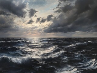 Obraz premium Dramatic Stormy Seascape at Twilight with Brooding Clouds and Shimmering Waves