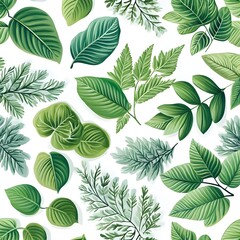 Vibrant Natural Foliage Seamless Pattern on White Background