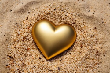 Dented Gold Heart Symbol on Sandy Beach Representing Love Lost