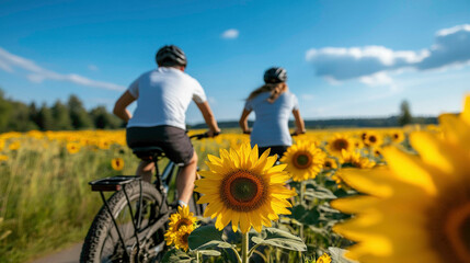 Fototapeta premium Two cyclists ride through a vast sunflower field under a bright blue sky, the vibrant yellow flowers creating a cheerful, warm scene, evoking freedom and joy on a summer day.