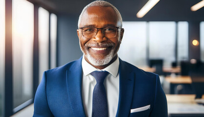 Naklejka premium Portrait of a confident senior black american businessman smiling in a modern office building