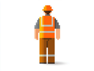 Minimalist pixel art of an orange safety vest worn by construction worker, showcasing vibrant design. character stands confidently, emphasizing safety and professionalism