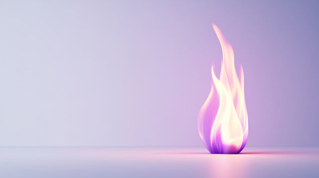 A vibrant violet flame glows brightly against minimalist background, creating captivating visual effect. flames elegant curves and soft light evoke sense of warmth and tranquility