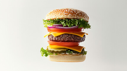 A perfectly crafted cheeseburger floating mid-air, with all its layers visible in crisp detail. The sesame seed bun, fresh lettuce, juicy tomato slices, red onion rings, melted cheddar cheese.