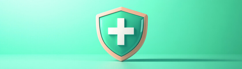 Fototapeta premium A pixel art representation of medical cross inside shield, symbolizing health and protection. vibrant green background enhances visual appeal and conveys sense of safety