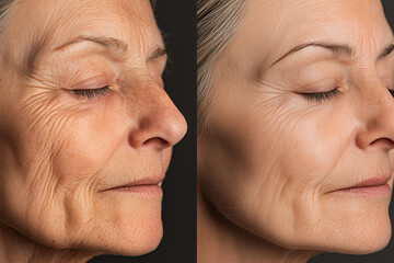 side by side comparison of young versus old aging middle-aged woman skincare sunscreen uv light laster treatment cosmetic dermatology