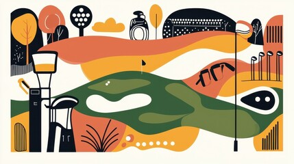 Abstract Golf Course Illustration with Green  Orange  and Black Colors