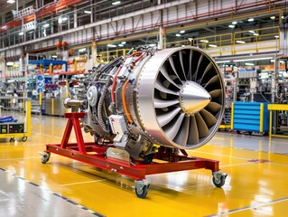 A jet engine displayed on a red cart in a manufacturing facility, showcasing advanced technology and engineering design.