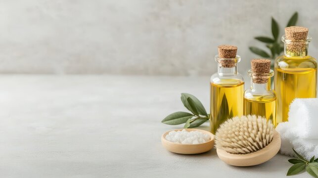 A beautifully styled display of bath oils, salts, and a natural bristle brush, bath oils, salts, bristle brush