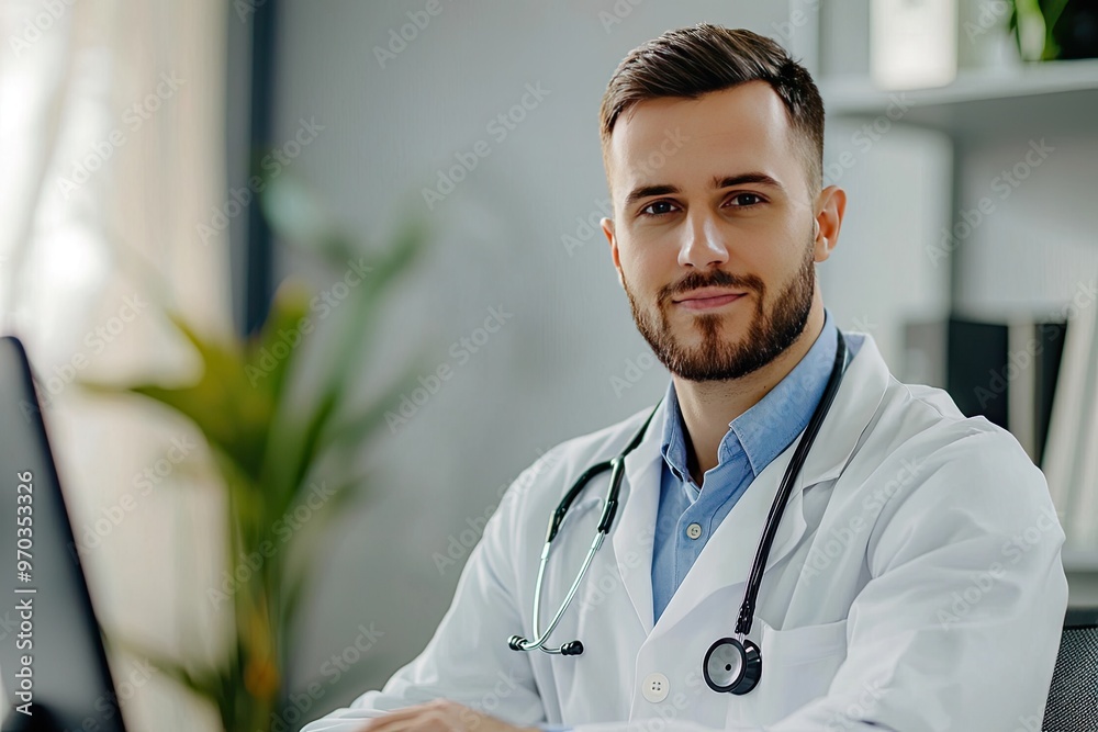 Wall mural male doctor with a stethoscope, giving off a professional and approachable vibe