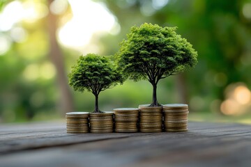 Economic growth, saving money and business ideas concept, The trees is growing on the pile of coins on wooden table, Financial or money growing, ai