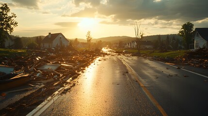 Obraz premium Once a peaceful neighborhood, now a scene of destruction, trees ripped from the ground, debris everywhere, a stark contrast to the calm before