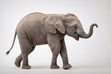 Fototapeta premium Baby elephant walking white background facing towards right Ador