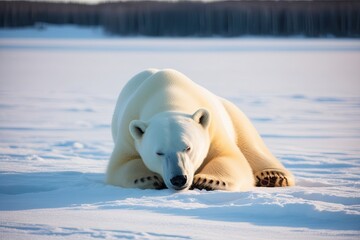 Naklejka premium Polar Bear Resting on Snowy Landscape in Peaceful Winter Scene