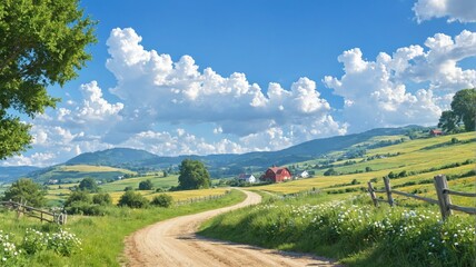 Fototapeta premium Beautiful landscape rural area sky blue white fluffy An idyllic