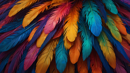 Obraz premium Abstract composition of vibrant, colorful feathers arranged in a circular motion