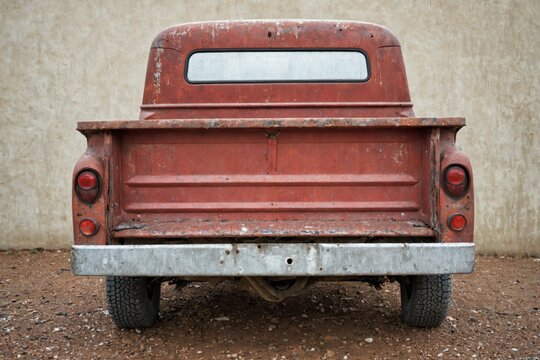 Back old rusted red pickup truck truck facing Back Of Old Truck