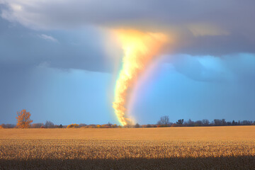A vibrant tornado-like formation with a rainbow in a rural landscape under dramatic skies.
