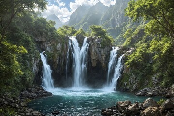 Naklejka premium Beautiful landscape waterfall mountainous area cascading down ro