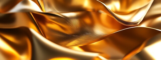 A close up abstract image of gold fabric. The fabric is folded and rippled creating shadows and highlights.