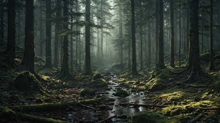 Obraz premium Beautiful landscape dark eerie forest trees are tall Dark and ho
