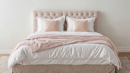 Bed white headboard light pink comforter has two Modern furnitur