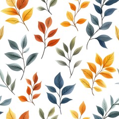 Fototapeta premium Seamless Natural Foliage Pattern with Vibrant Autumn Leaves on White Background