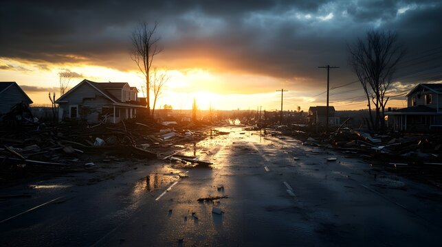 Post-storm scene, shattered houses and uprooted trees, debris scattered across flooded streets, apocalyptic atmosphere, cinematic lighting, photorealistic