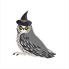 vector drawing bird, great horned owl with black witch hat, halloween symbol, hand drawn Bubo virginianus , isolated nature design element