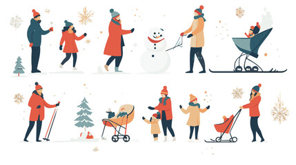 Set of various people having fun at winter. Flat vector illustrations of family making snowman, woman skiing, standing with pram. Winter leisure concept for banner,