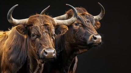 Naklejka premium Two brown cows with prominent horns against a dark background, showcasing their features and expressions.