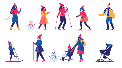 Set of various people having fun at winter. Flat vector illustrations of family making snowman, woman skiing, standing with pram. Winter leisure concept for banner,