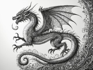 Obraz premium Black white illustration dragon dragon side view its fierce drag
