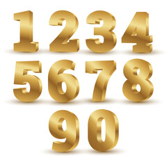 Numbers 1, 2, 3, 4, 5, 6, 7, 8, 9, 0 gold suitable for party, holiday, sale, promotion, anniversary, birthday, grand opening, award, celebration logo, badge, icon, sticker, label, symbol vector.