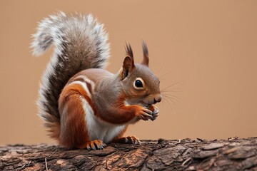 Red Squirrel Relaxing on Beige Nature Background