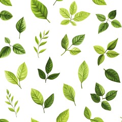Seamless pattern of fresh and natural green leaves on clean white background