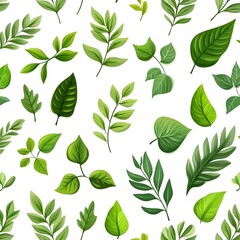 Seamless Pattern of Assorted Natural Green Leaves on White Background