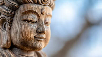 Close Up Wooden Buddha Statue with Closed Eyes and Peaceful Expression