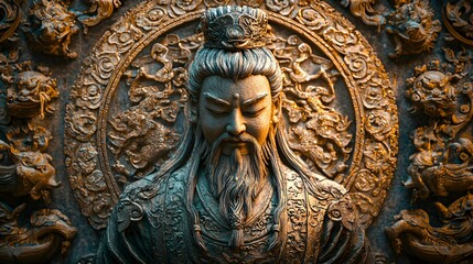 Obraz premium Golden Statue of a Chinese God with Ornate Background