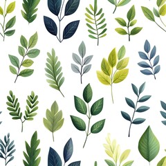 Seamless Botanical Pattern with Lush and Fresh Foliage on White Background