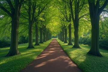 Obraz premium A beautiful tree-lined avenue captured from above, with lush green trees forming a canopy over the straight path, creating a serene and peaceful walkway through the forest